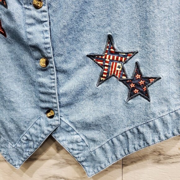 Dominion Apparel Vest Women Size XL Blue Jean Denim Embroidered Red White Stars - Picture 3 of 8